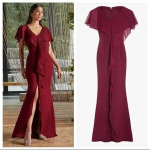 Adrianna Papell Formal Dress 2 Burgundy Flutter Sleeve Ruffled Gown NEW $199